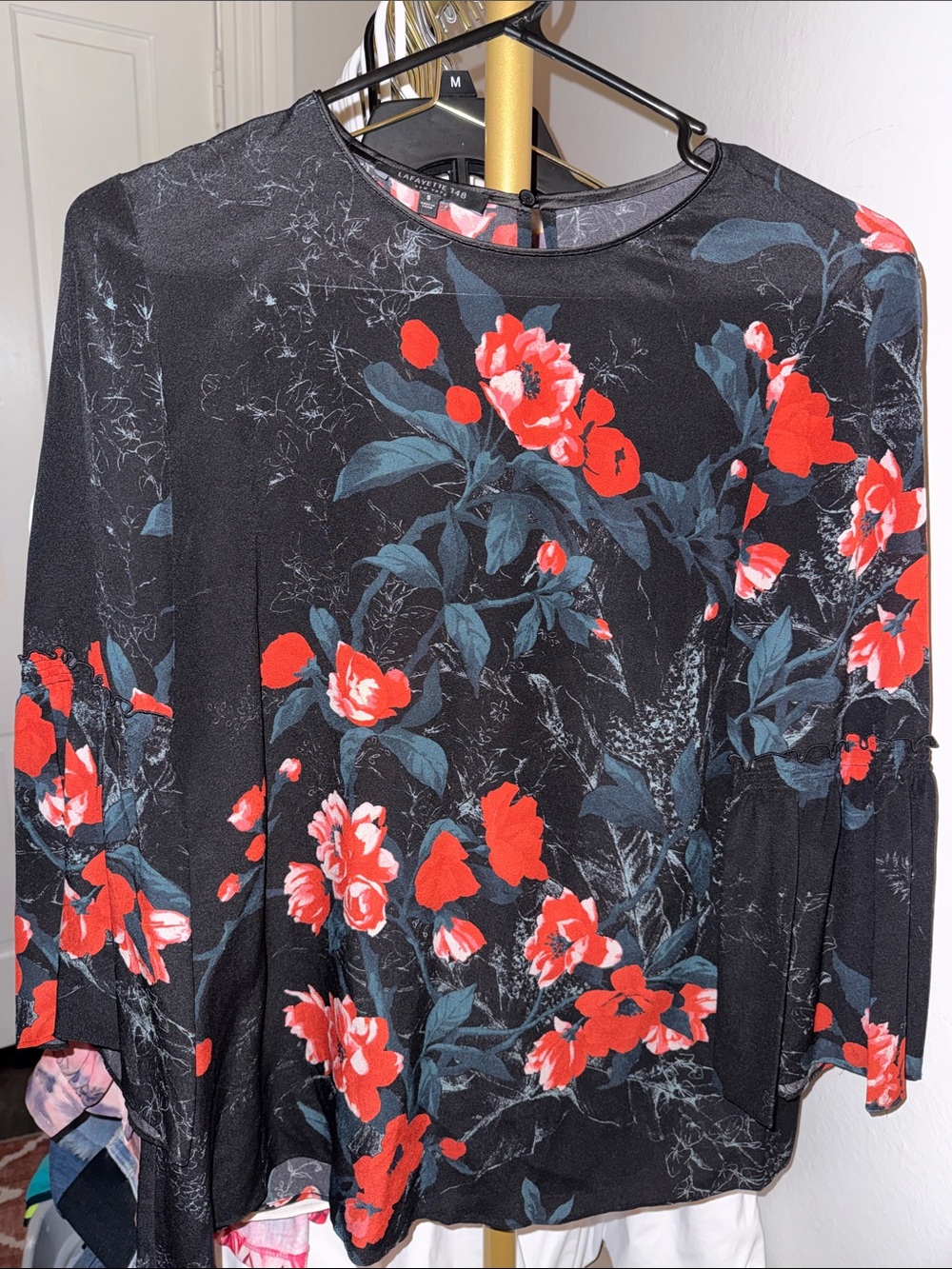 Lafayette 148 New York Black Blouse with Red Floral Print